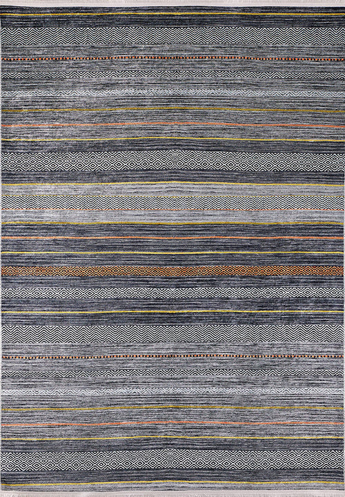 Load image 1 in gallery view. The Metro Lines - Washable Rug - JR1548 (Custom Size) features horizontal stripes in gray, black, white, orange, and yellow with geometric and zigzag patterns. This flat weave rug offers both style and easy care for any space.