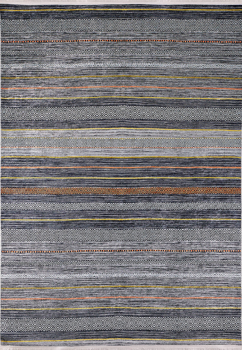 The Metro Lines - Washable Rug - JR1548 (Custom Size) features horizontal stripes in gray, black, white, orange, and yellow with geometric and zigzag patterns. This flat weave rug offers both style and easy care for any space.