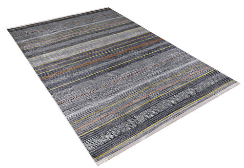 Load image 1 in gallery view. The Metro Lines - Washable Rug - JR1548 features a rectangular flat weave with horizontal gray, blue, brown, and yellow stripes, geometric and diamond patterns, fringed edges, and is available in custom sizes.