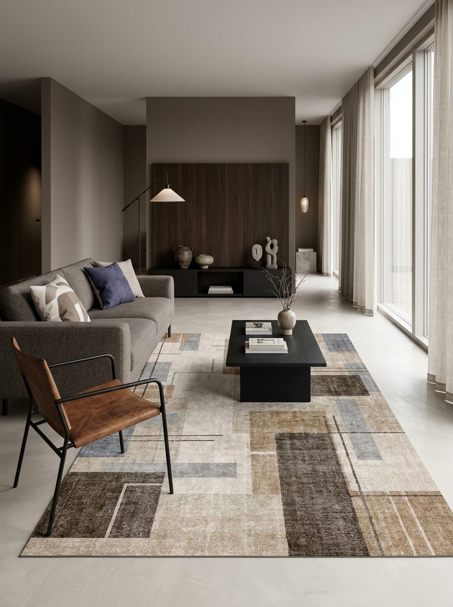 Beige, brown, and blue geometric block rug with a distressed texture, styled in a modern living room.