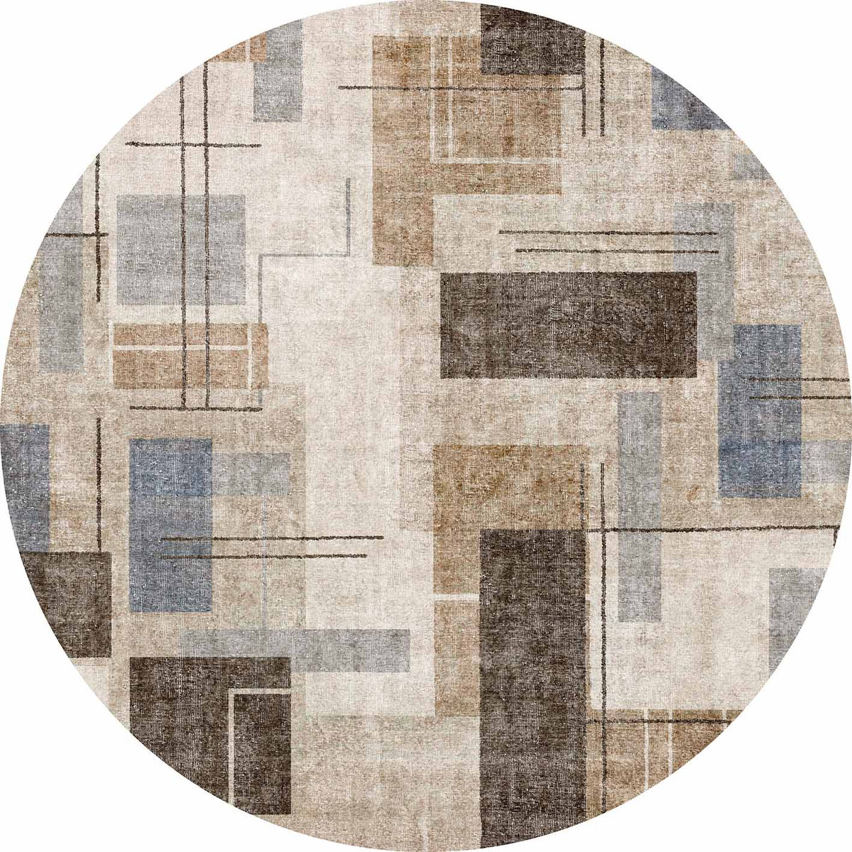 Round rug with a beige, brown, and blue geometric pattern of overlapping rectangles and thin lines.