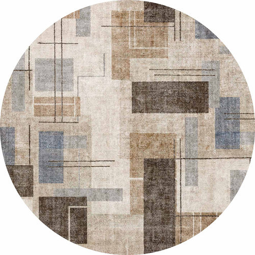 Load image 1 in gallery view. Round rug with a beige, brown, and blue geometric pattern of overlapping rectangles and thin lines.