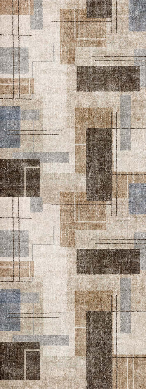 Load image 1 in gallery view. Beige, brown, and grey rug featuring an abstract geometric pattern of overlapping rectangles and thin linear accents.
