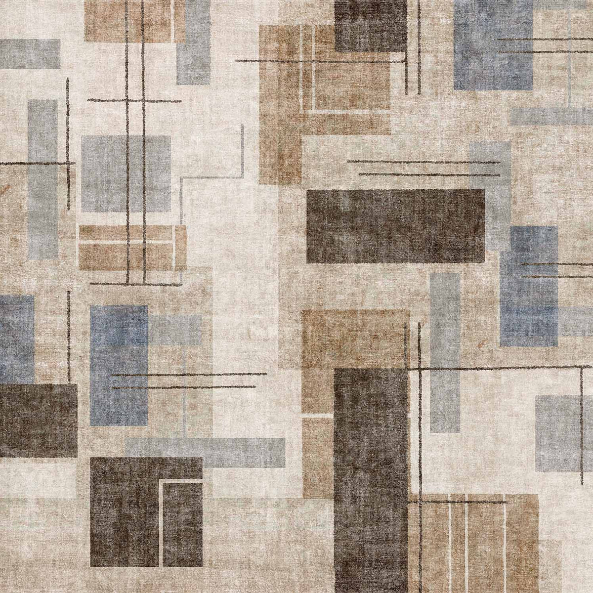 Beige, brown, and blue abstract rug with a geometric pattern of overlapping rectangles and thin linear accents.
