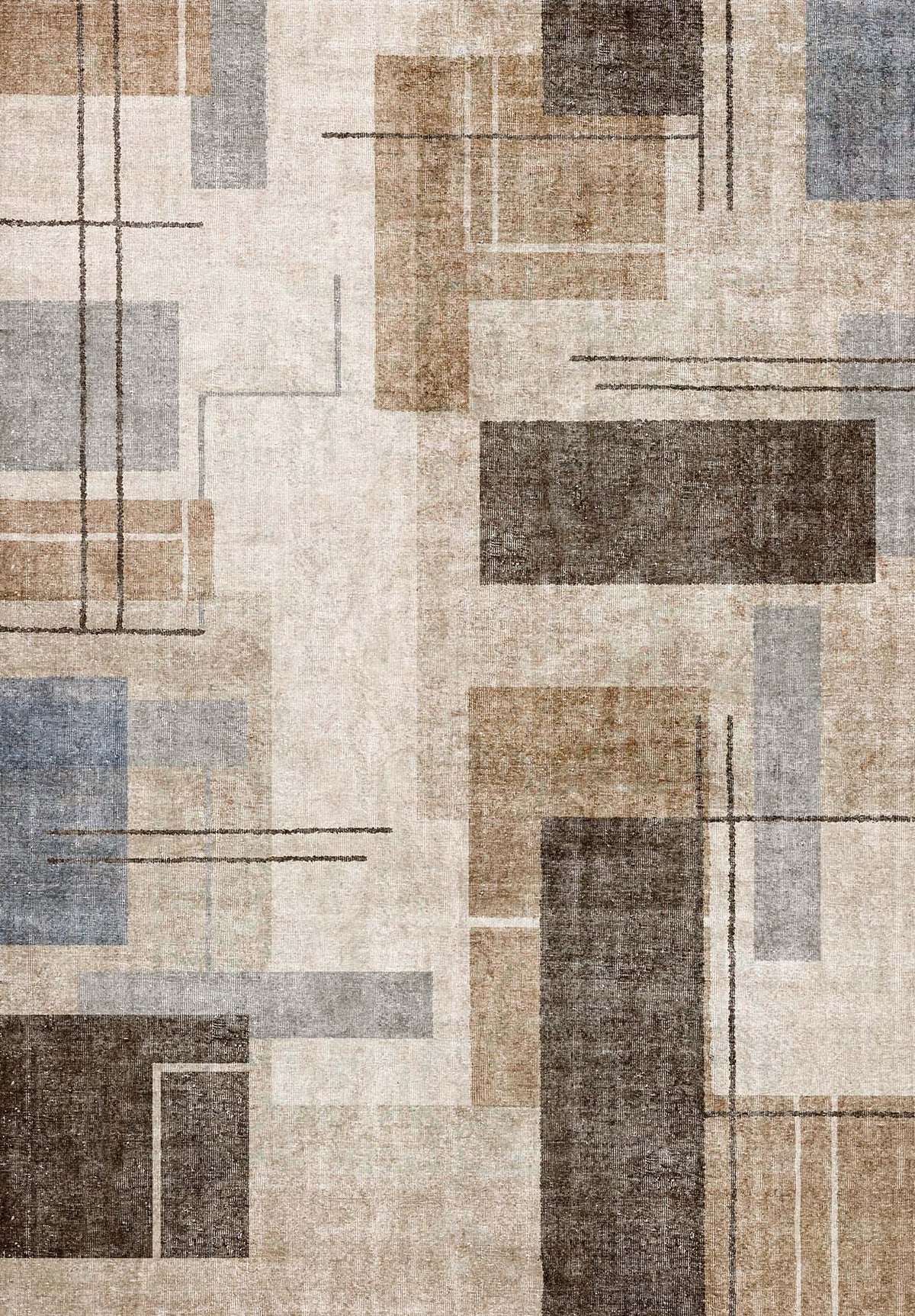 Beige, brown, and grey area rug with an abstract geometric pattern of overlapping rectangles and thin lines.