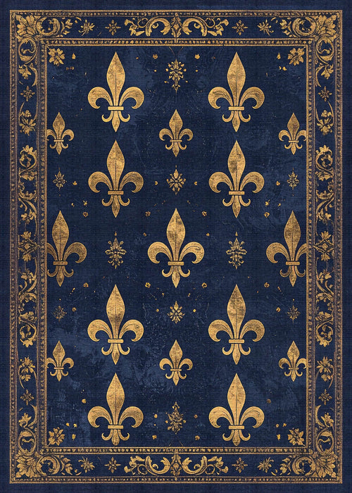 Load image 1 in gallery view. The Midnight Fleur - Washable Rug - JRS017 (Custom Size) features a dark blue background, gold floral borders, and symmetrical gold fleur-de-lis patterns—ideal for high-traffic or allergy-sensitive homes.