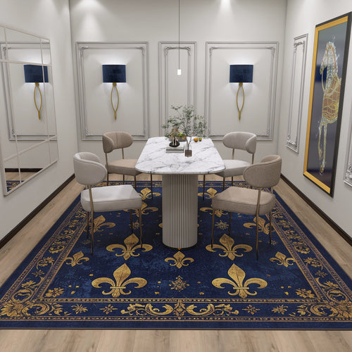 Load image 1 in gallery view. A modern dining room with a white marble table, four beige chairs, wall mirrors, framed art, two blue wall sconces, and the Midnight Fleur - Washable Rug - JRS017 in blue and gold—elegant decor with a classic touch.