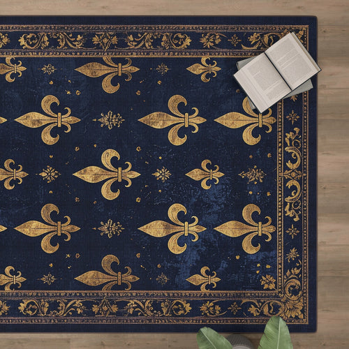Load image 1 in gallery view. The Midnight Fleur - Washable Rug - JRS017, navy blue with a gold fleur-de-lis pattern and border, rests on a wooden floor. Ideal for high-traffic areas, it displays an open and closed book in one corner and a leafy green plant at the bottom.