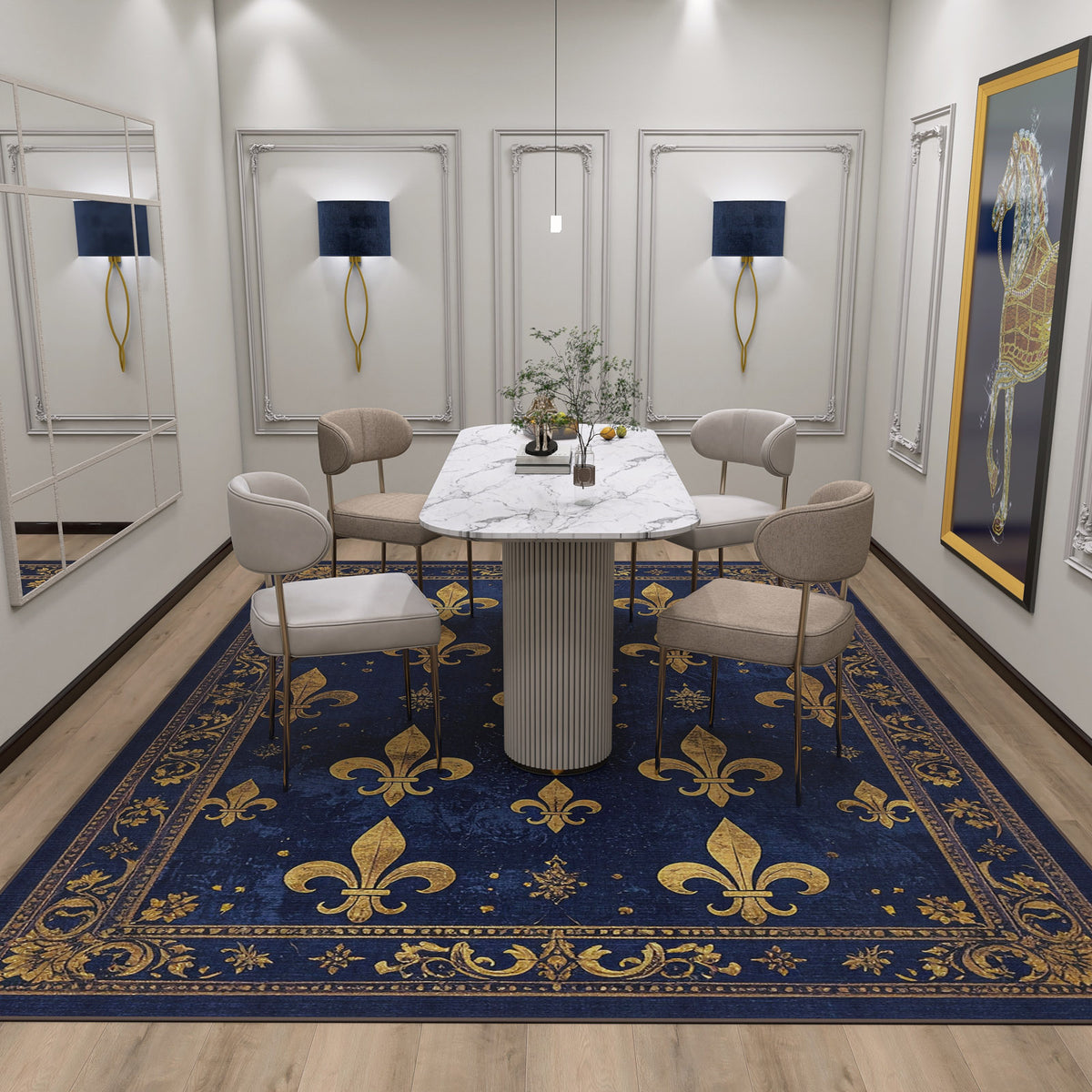A modern dining room with a white marble table, beige chairs, blue wall lamps, and the Midnight Fleur - Washable Rug - JRS017 (Custom Size) featuring gold fleur-de-lis—ideal for high-traffic areas. Classical frames and horse art complete the look.