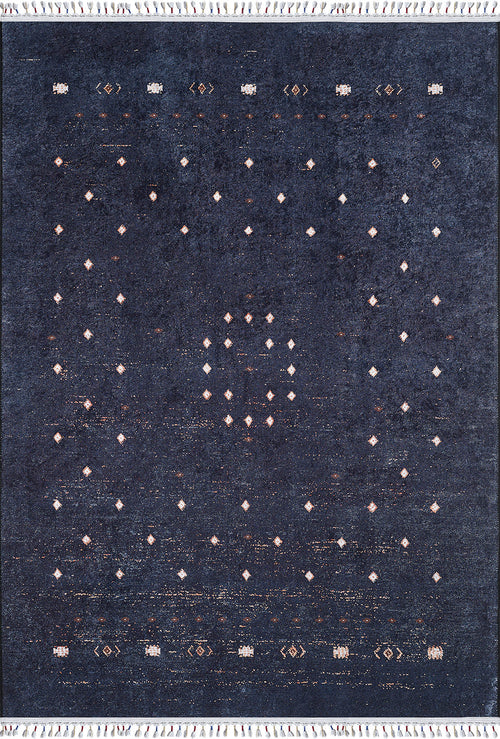 Load image 1 in gallery view. The Midnight Majesty - Machine-Washable Rug (JRS5052, Custom Size) features a dark blue rectangular design with small white diamond patterns in symmetrical rows, a central circular motif, durable for high-traffic areas, and finished with white fringes.