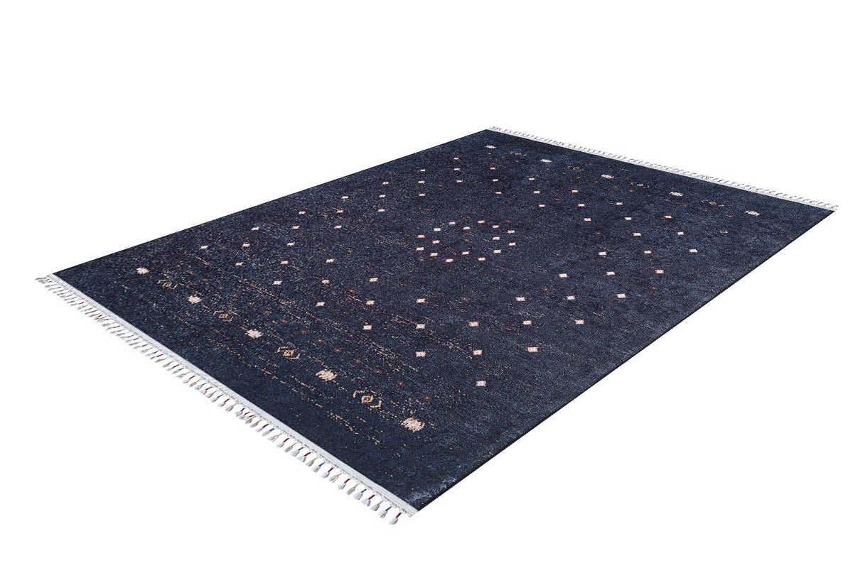 The Midnight Majesty - Machine-Washable Rug (JRS5052, Custom Size) features a dark blue hue with small light geometric patterns and fringed edges, perfect for high-traffic areas. Shown on a white background.