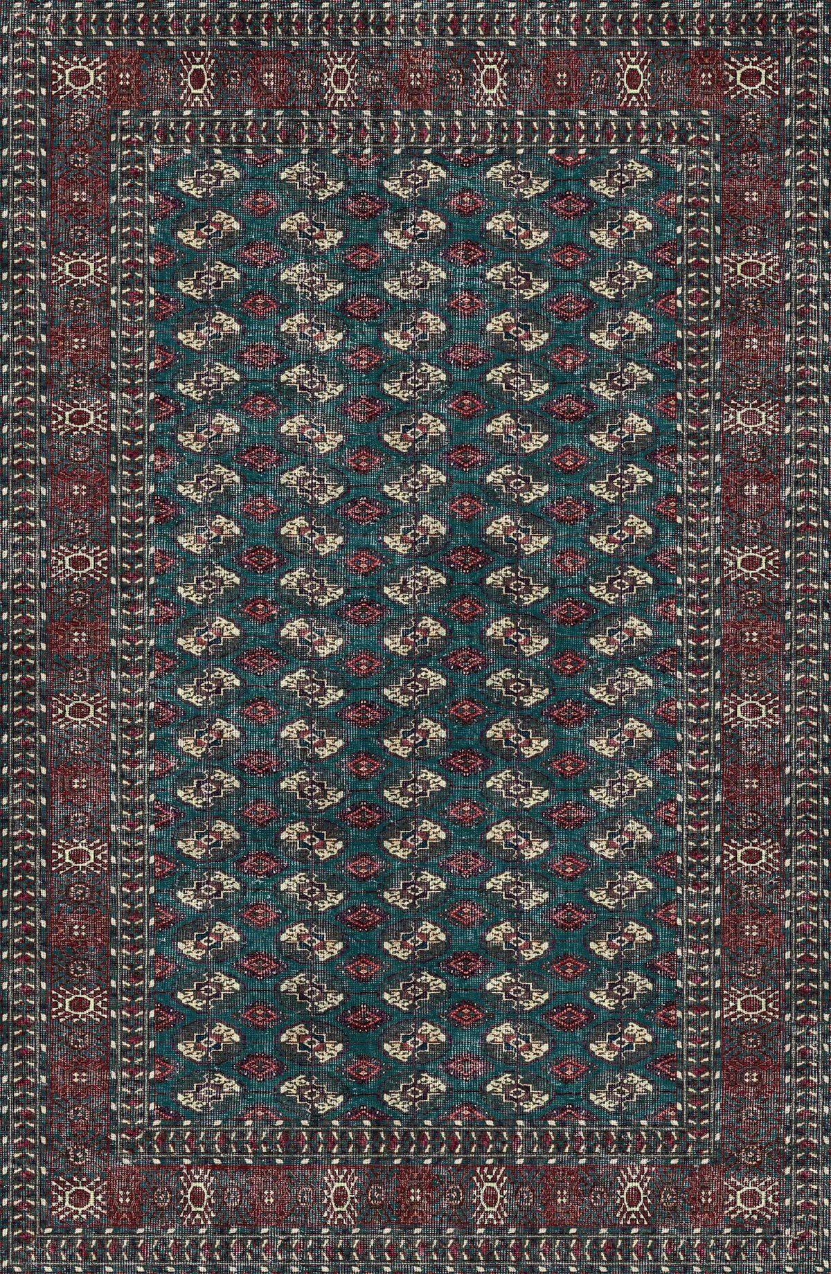 The Midnight Tribal - Washable Rug - JRN1034 showcases a rectangular teal and dark red design with central geometric motifs and intricate diamond and floral borders—perfect for high-traffic areas.
