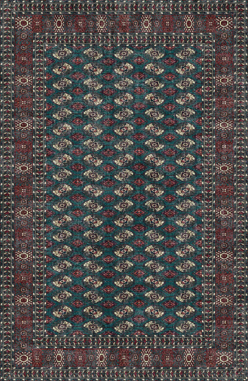 Load image 1 in gallery view. The Midnight Tribal - Washable Rug - JRN1034 showcases a rectangular teal and dark red design with central geometric motifs and intricate diamond and floral borders—perfect for high-traffic areas.