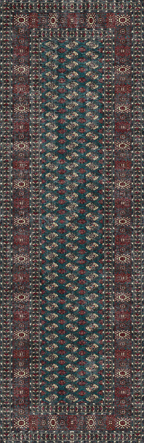 Load image 1 in gallery view. The Midnight Tribal - Washable Rug - JRN1034 features a rectangular design with repeating green, red, and cream geometric patterns and intricate borders—durable and practical for high-traffic areas.