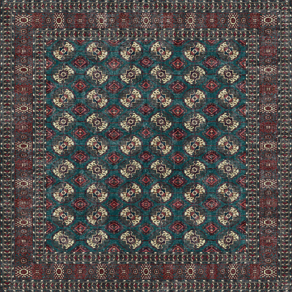 The Midnight Tribal - Washable Rug - JRN1034 is a rectangular Persian-style rug with a teal background, showcasing red, cream, and black geometric floral patterns and ornate borders—ideal for high-traffic areas.