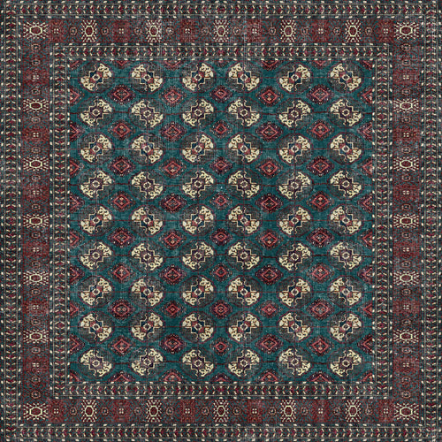 Load image 1 in gallery view. The Midnight Tribal - Washable Rug - JRN1034 is a rectangular Persian-style rug with a teal background, showcasing red, cream, and black geometric floral patterns and ornate borders—ideal for high-traffic areas.
