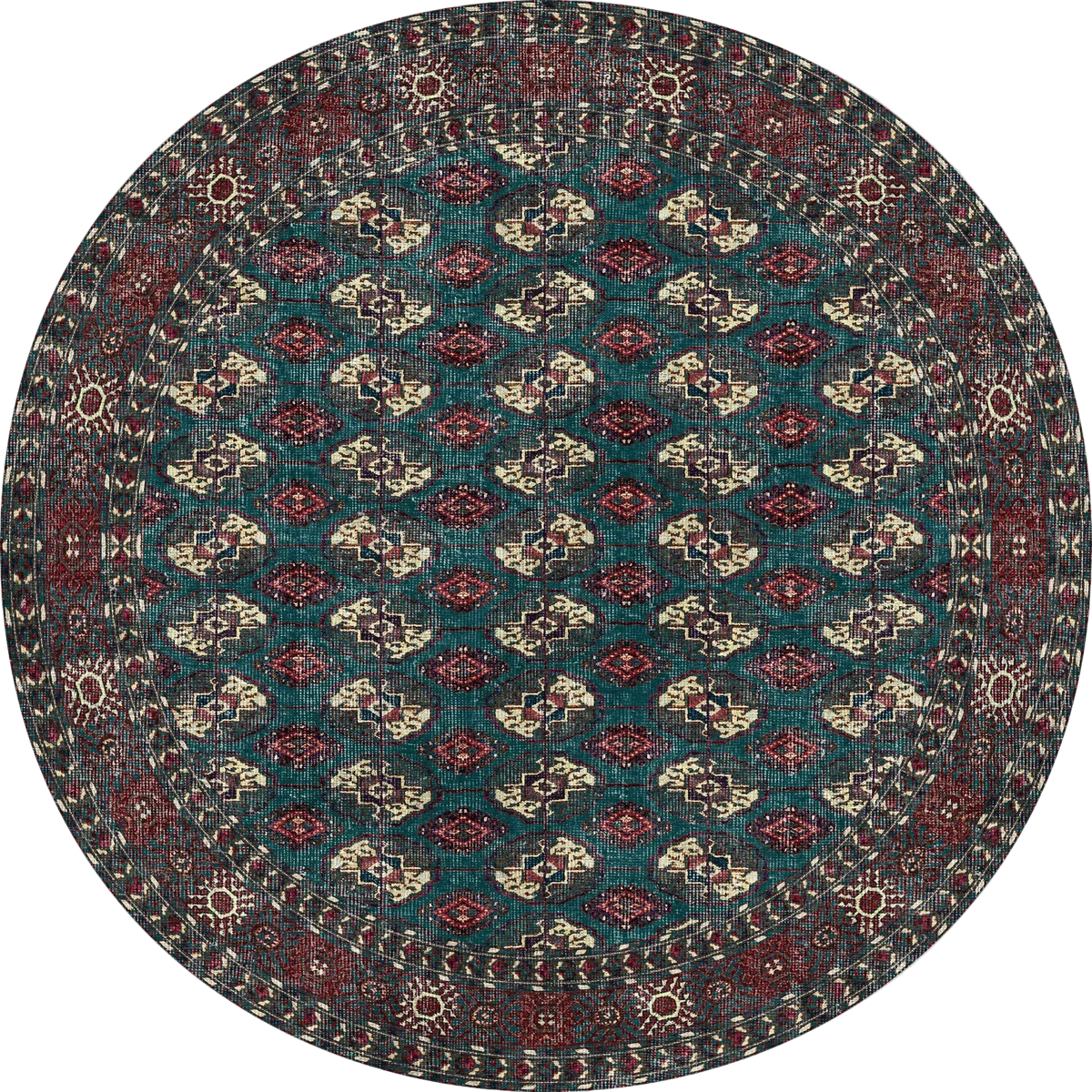 The Midnight Tribal - Washable Rug (JRN1034) is a round rug with intricate geometric diamond patterns in red, teal, and cream, featuring a detailed border and traditional design—perfect for high-traffic areas.
