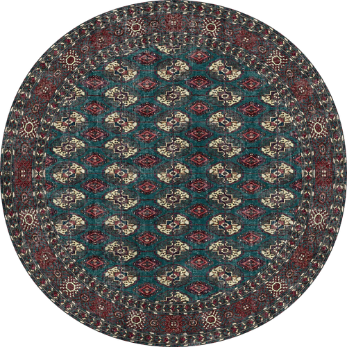 Load image 1 in gallery view. The Midnight Tribal - Washable Rug (JRN1034) is a round rug with intricate geometric diamond patterns in red, teal, and cream, featuring a detailed border and traditional design—perfect for high-traffic areas.
