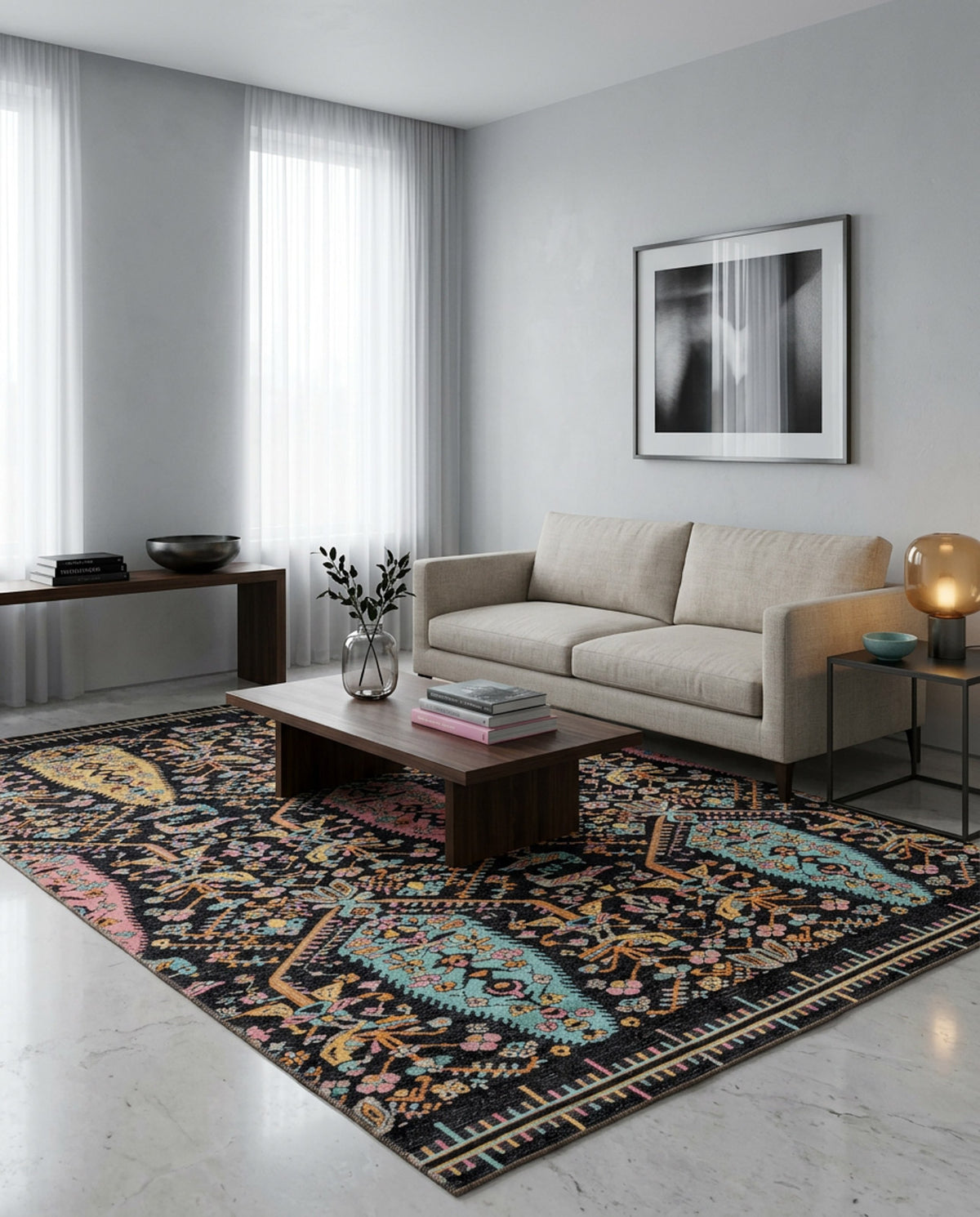 A modern living room featuring a beige sofa, wooden coffee table, decorative vases, abstract wall art, and the Midnight Bazaar Area Rug APX1911 on a white marble floor, with sheer curtains letting in natural light.