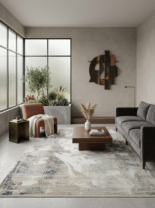 Load image 1 in gallery view. Grey and beige abstract distressed rug in a modern living room with a grey sofa and terracotta armchair.