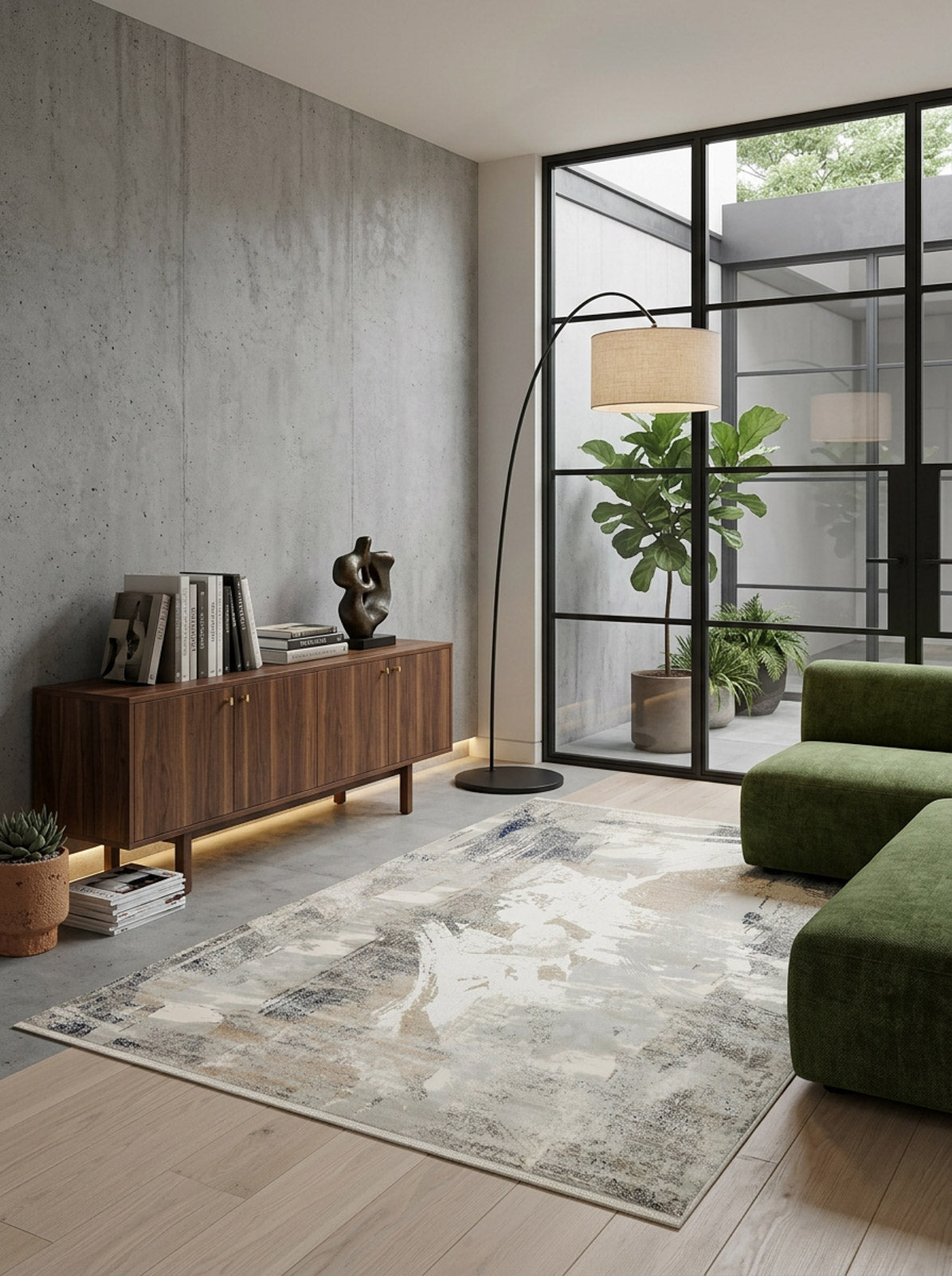Grey, beige, and blue abstract distressed rug in a modern living room with a green sofa and concrete wall.