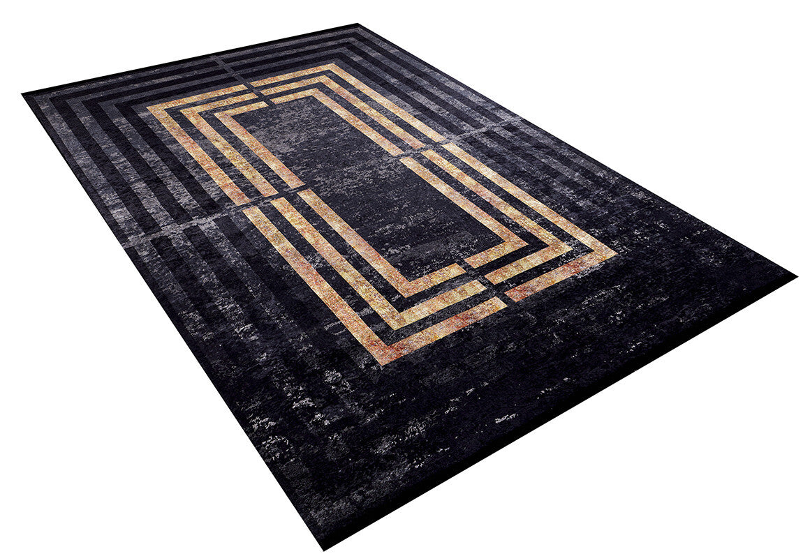 The Minimalist and Clean - Washable Rug - JR1407 (Custom Size) features a black background with geometric gold and tan rectangles, making it perfect for high-traffic areas while adding a modern, stylish touch.