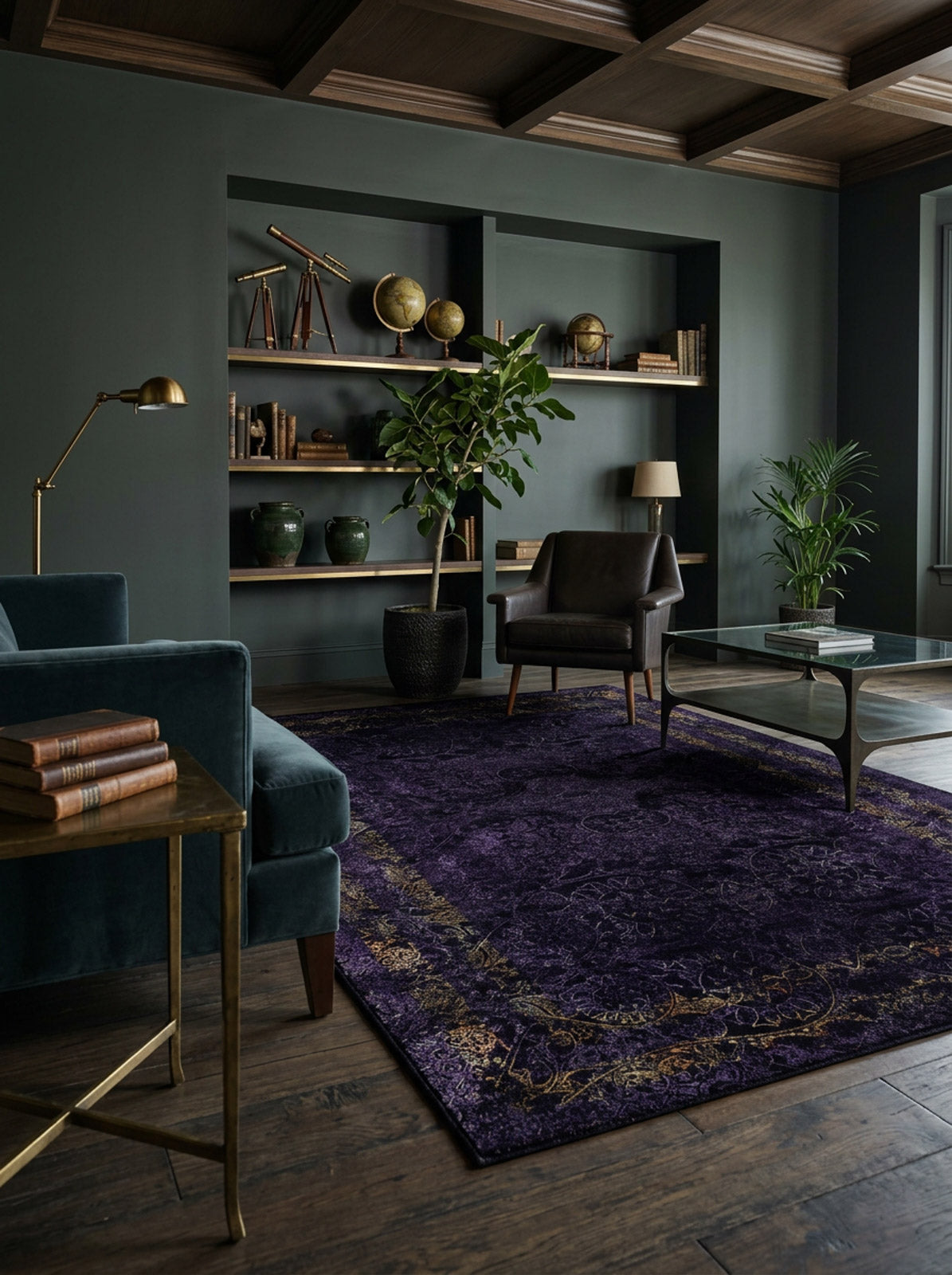 Deep purple traditional rug with a distressed gold border pattern, styled in a dark-toned study.