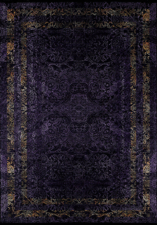 Load image 1 in gallery view. The Minimalist and Elegant - Washable Rug - JR1298 (Custom Size) features intricate floral and geometric patterns in dark purple and gold, offering an ornate, antique look with luxury texture—ideal for high-traffic areas.