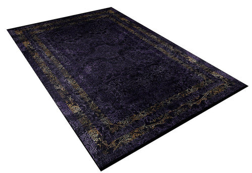 Load image 1 in gallery view. The Minimalist and Elegant - Washable Rug - JR1298 (Custom Size) is a washable purple rug with intricate gold and blue border patterns and ornate designs—ideal for high-traffic areas.
