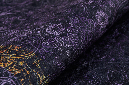 Load image 1 in gallery view. Close-up of the Minimalist and Elegant - Washable Rug - JR1298 (Custom Size) in purple, featuring intricate swirling orange patterns. Its detailed texture offers style and durability—ideal for high-traffic areas and easy to maintain.