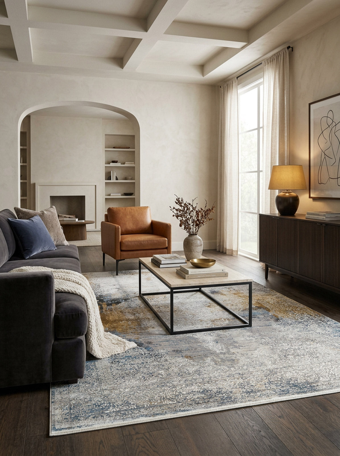 Blue, grey, and ochre distressed abstract rug in a modern living room with a dark sofa and leather armchair.