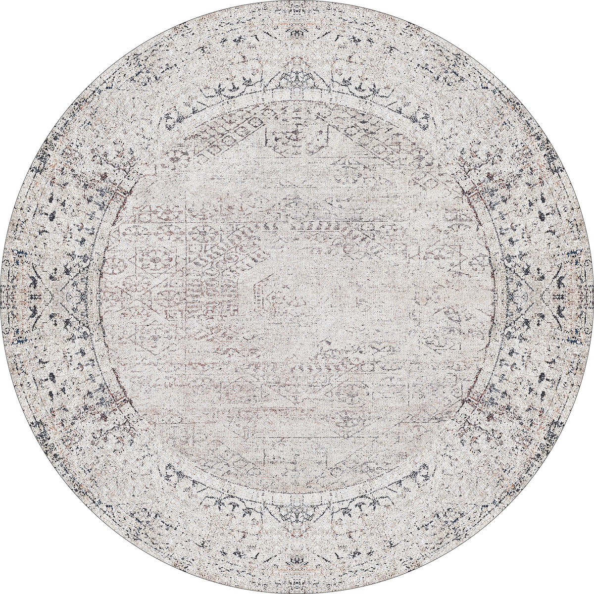 The Misty Mosaic - Washable Rug - JR1690 features a cream and beige, vintage-inspired faded pattern with darker edges. Its distressed design adds elegant style while remaining practical and easy to clean.