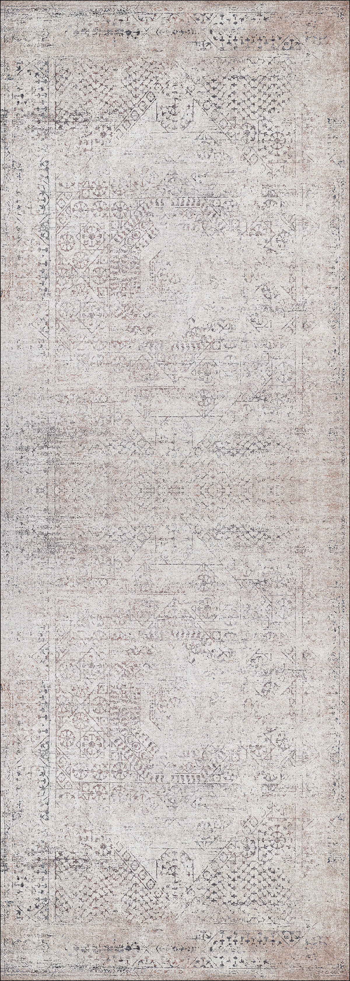 The Misty Mosaic - Washable Rug - JR1690 is a rectangular vintage-style rug featuring subtle geometric and floral patterns in muted beige, taupe, and light gray—an allergy-sensitive option with timeless, faded charm.