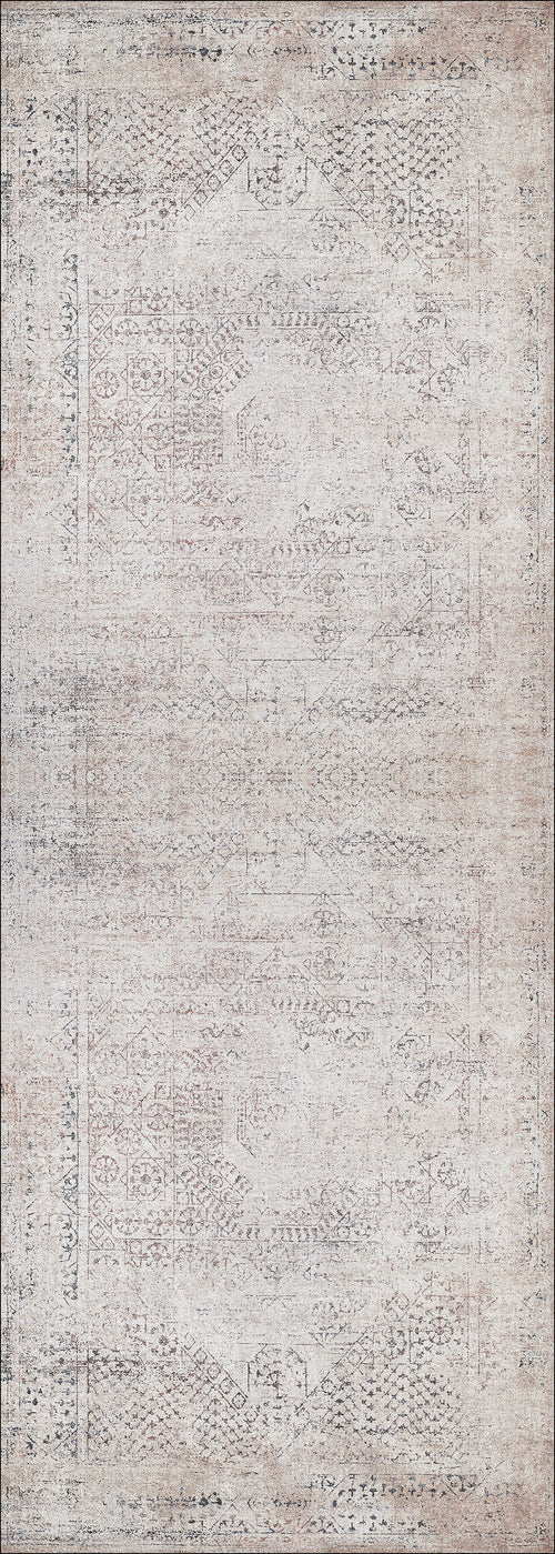 Load image 1 in gallery view. The Misty Mosaic - Washable Rug - JR1690 is a rectangular vintage-style rug featuring subtle geometric and floral patterns in muted beige, taupe, and light gray—an allergy-sensitive option with timeless, faded charm.
