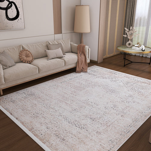 Load image 1 in gallery view. A cozy living room features a beige sofa, floor lamp, round side table, and neutral pillows. The Misty Mosaic - Washable Rug - JR1690 (Custom Size) anchors the wooden floor, while soft lighting creates a calm atmosphere.