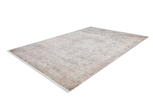 Load image 1 in gallery view. The Misty Mosaic - Washable Rug - JR1690 (Custom Size) features a subtle, faded beige and taupe pattern with short white fringe on the ends—an elegant cream and beige rectangular rug displayed on a white background.
