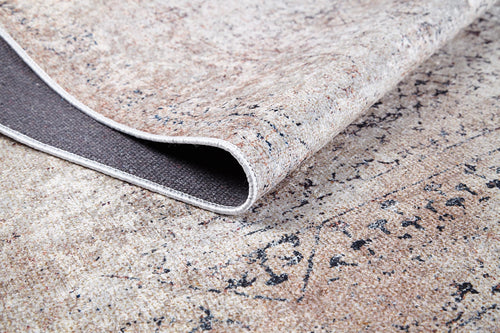 Load image 1 in gallery view. A close-up of the Misty Mosaic - Washable Rug - JR1690 (Custom Size) in cream and beige shows its flat weave, vintage-inspired abstract design, and dark textured underside—all in a washable, customizable format.