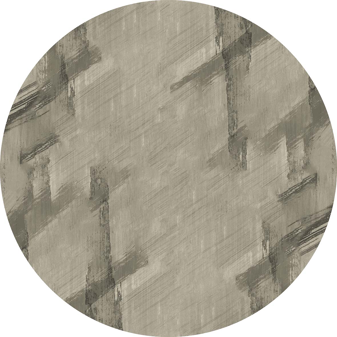 Circular rug in taupe and charcoal with an abstract, distressed brushstroke pattern.