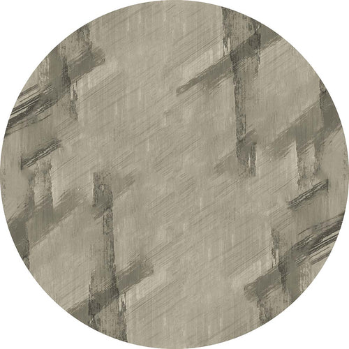 Load image 1 in gallery view. Circular rug in taupe and charcoal with an abstract, distressed brushstroke pattern.
