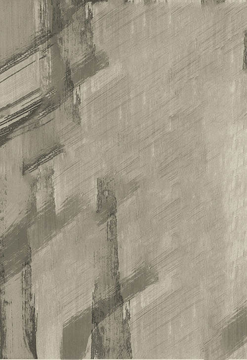 Taupe and grey rug with a distressed, abstract brushstroke pattern.