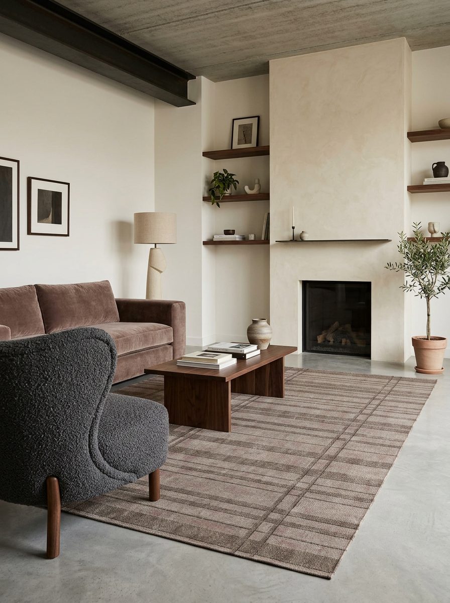 Taupe and brown plaid rug with a subtle distressed texture, styled in a modern living room.