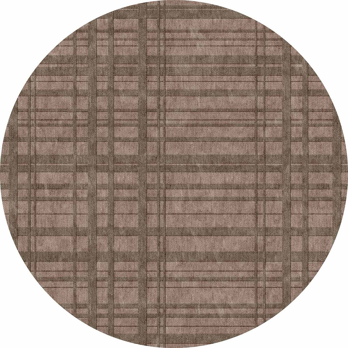 Circular taupe rug with a dark brown grid pattern of intersecting horizontal and vertical lines.