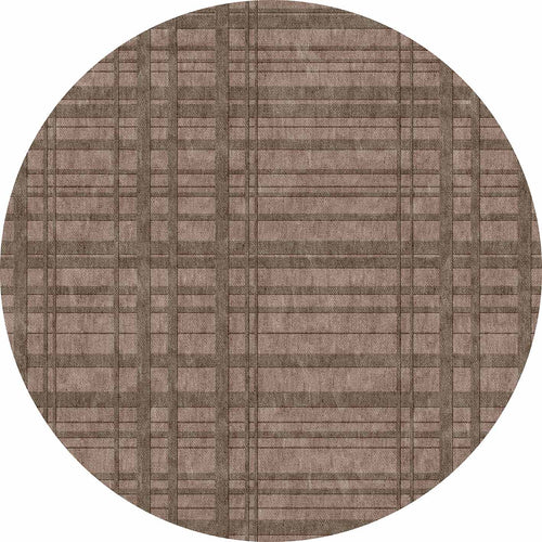 Bild 1 in Galerieansicht laden. Circular taupe rug with a dark brown grid pattern of intersecting horizontal and vertical lines.