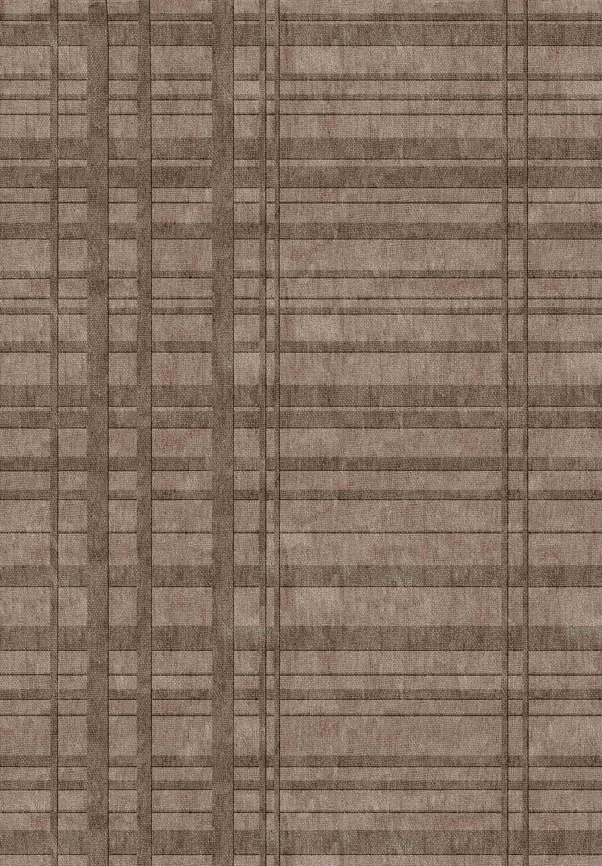 Taupe and brown rug with a textured grid pattern of intersecting horizontal and vertical lines.