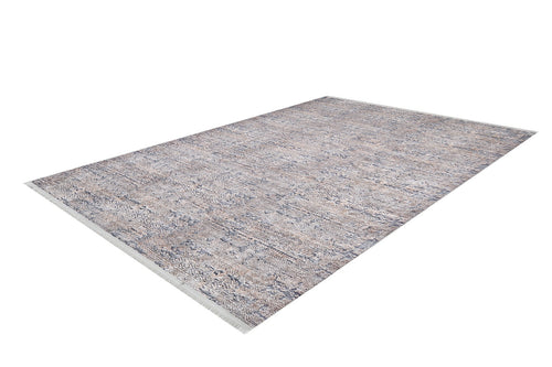 Load image 1 in gallery view. The Modern Enigma - Machine-Washable Rug JR1883 (Custom Size) features a muted, textured pattern in gray, beige, and light blue with short fringed edges—perfect for high-traffic areas. Displayed on a white background.