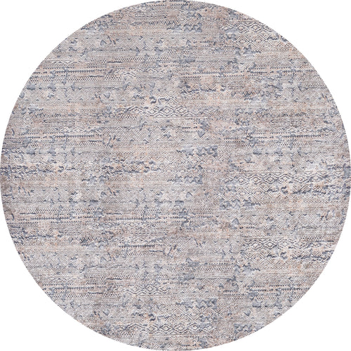 Load image 1 in gallery view. The Modern Enigma - Machine-Washable Rug JR1883 (Custom Size) features a round shape, subtle textured pattern in muted gray, cream, and beige, and an intricately woven distress design ideal for high-traffic areas.