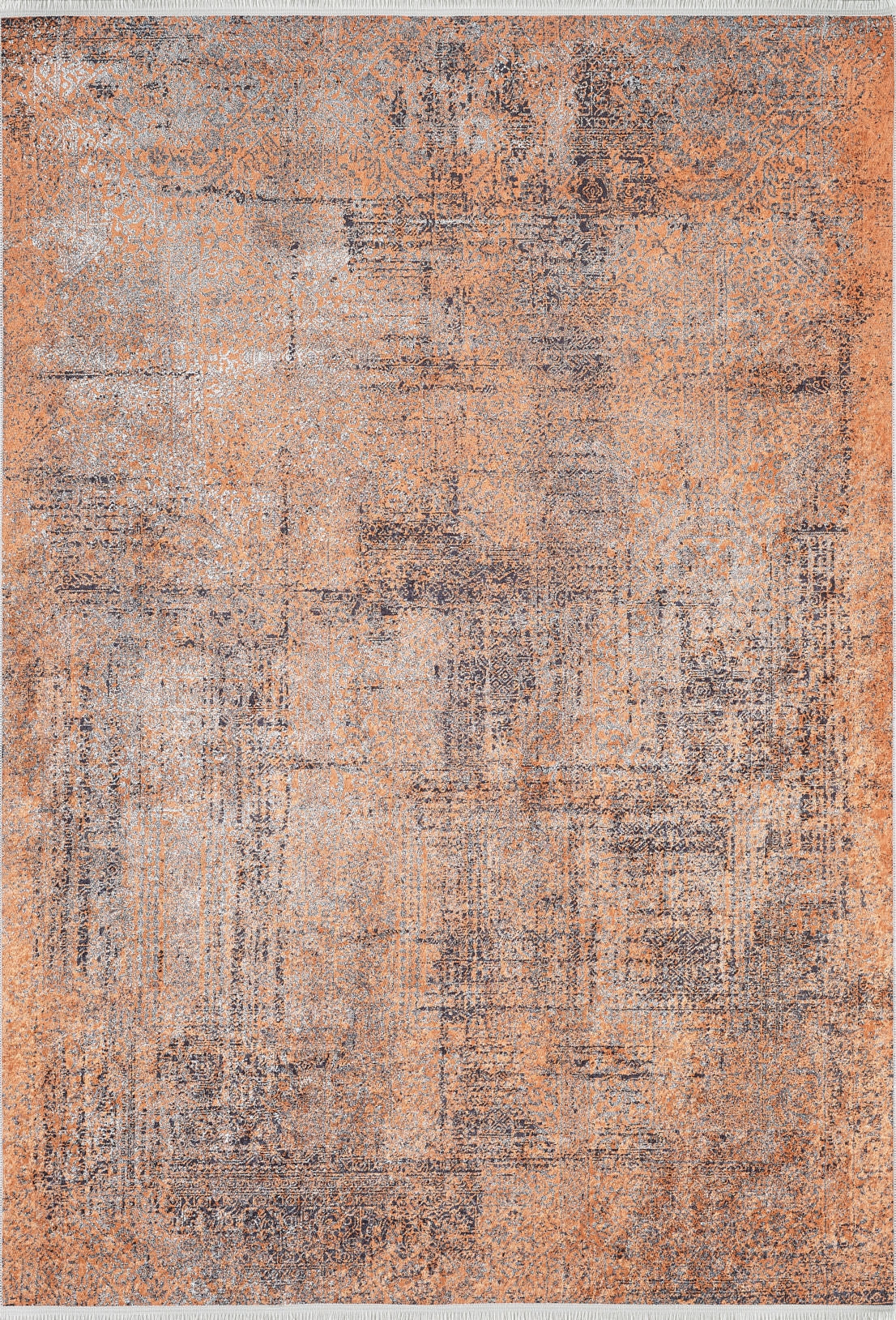 The Modern Mosaic - Machine-Washable Rug JR1846 (Custom Size) features a distressed abstract pattern in orange, beige, and gray with a textured, vintage look—ideal as a washable rug for high-traffic areas.