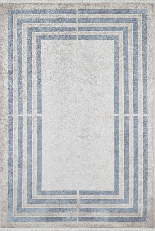 Load image 1 in gallery view. The Modern and Regal - Washable Rug - JR1616 (Custom Size) features a light gray background with layered blue and gray geometric border lines, making it ideal for high-traffic areas.