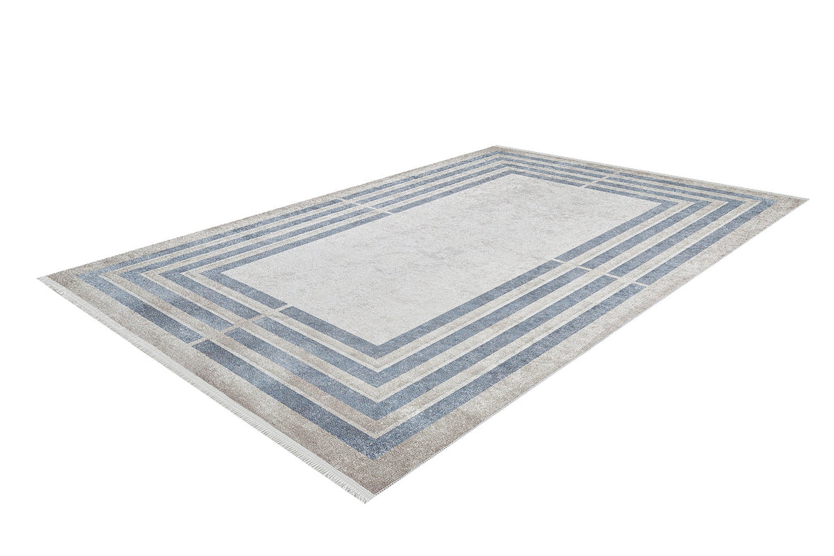 The Modern and Regal - Washable Rug - JR1616 (Custom Size) features a modern design with concentric blue and gray rectangles on a light background, perfect for high-traffic areas.