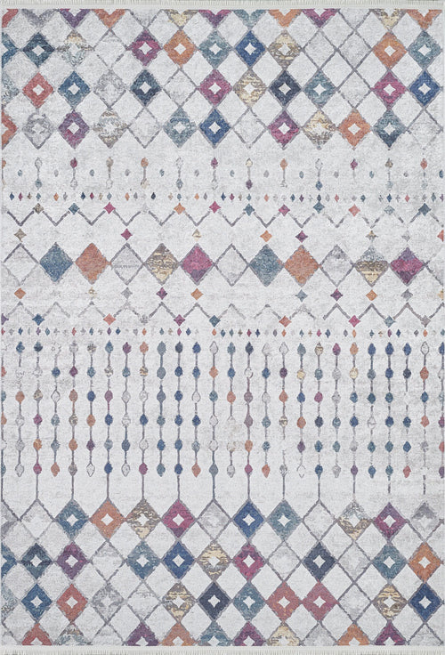 Load image 1 in gallery view. The Moroccan Mosaic - Washable Rug - JR1655 features diamond and dot patterns in orange, blue, purple, and gold on a light background—ideal for high-traffic areas with symmetrical rows of shapes and easy maintenance.